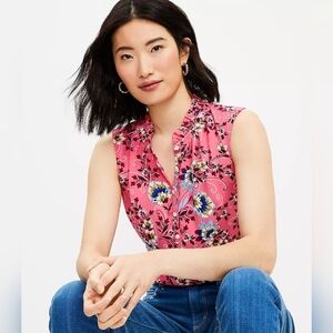 LOFT floral Ruffle Mixed Media Shell